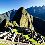 **

Majestic Machu Picchu under a clear blue sky during the dry season (May-September). Show tourists trekking, with appropriate clothing for warm days and cool nights. In the background, hint at the surrounding Andean mountains.

**