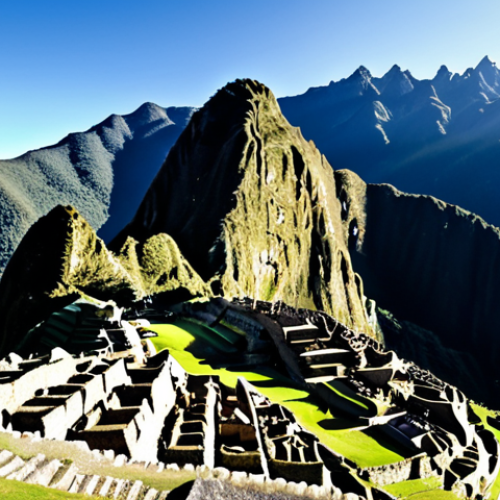 **

Majestic Machu Picchu under a clear blue sky during the dry season (May-September). Show tourists trekking, with appropriate clothing for warm days and cool nights. In the background, hint at the surrounding Andean mountains.

**