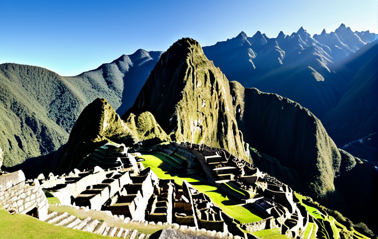 **

Majestic Machu Picchu under a clear blue sky during the dry season (May-September). Show tourists trekking, with appropriate clothing for warm days and cool nights. In the background, hint at the surrounding Andean mountains.

**