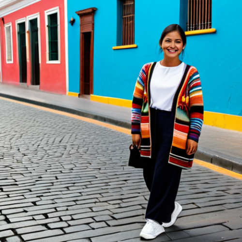 A young woman stands confidently on a vibrant, bustling street in Lima, Peru, showcasing a stylish blend of traditional and contemporary fashion. She wears a modest, comfortable alpaca knit cardigan in a soft natural tone, layered over a crisp, high-quality Pima cotton top. Her outfit includes well-fitting, modern trousers and clean, contemporary sneakers. A handcrafted shoulder bag, adorned with vibrant traditional Peruvian Manta geometric patterns, adds a distinctive cultural accent to her look. The background features colorful colonial architecture and the energetic atmosphere of urban Lima under soft daylight. The image is a professional photograph, depicting perfect anatomy, correct proportions, natural pose, well-formed hands, proper finger count, natural body proportions, fully clothed, appropriate attire, safe for work, high quality, modest clothing, family-friendly, appropriate content.