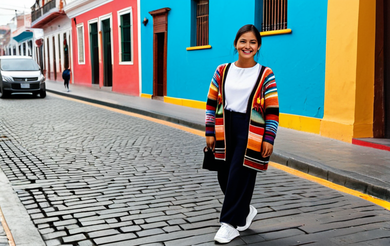 A young woman stands confidently on a vibrant, bustling street in Lima, Peru, showcasing a stylish blend of traditional and contemporary fashion. She wears a modest, comfortable alpaca knit cardigan in a soft natural tone, layered over a crisp, high-quality Pima cotton top. Her outfit includes well-fitting, modern trousers and clean, contemporary sneakers. A handcrafted shoulder bag, adorned with vibrant traditional Peruvian Manta geometric patterns, adds a distinctive cultural accent to her look. The background features colorful colonial architecture and the energetic atmosphere of urban Lima under soft daylight. The image is a professional photograph, depicting perfect anatomy, correct proportions, natural pose, well-formed hands, proper finger count, natural body proportions, fully clothed, appropriate attire, safe for work, high quality, modest clothing, family-friendly, appropriate content.