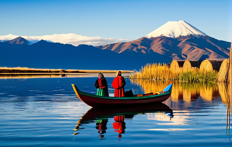 Serene Titicaca Lake Scene**

"A breathtaking view of Lake Titicaca at dawn, featuring the calm, mirrored surface reflecting the vibrant colors of the sunrise, a traditional reed boat gently floating on the water, in the background, the snow-capped Andes mountains rise majestically, fully clothed indigenous people in modest, colorful clothing can be seen on the shore, appropriate attire, safe for work, perfect anatomy, correct proportions, natural pose, professional photography, high quality, family-friendly."

**