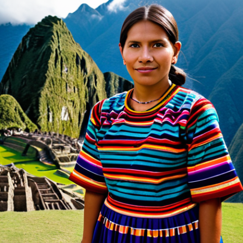**

"A professional woman, fully clothed in a modest, traditionally-inspired Peruvian dress with vibrant colors and geometric patterns, standing in front of a blurred background of Machu Picchu, safe for work, appropriate content, perfect anatomy, natural proportions, professional photography, high quality."

**