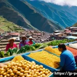 페루의 주요 산업 및 경제 동향 - **Prompt:** A vibrant marketplace scene in a Peruvian town nestled in the Andes mountains. Farmers i...