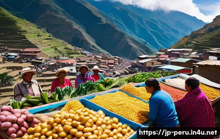 페루의 주요 산업 및 경제 동향 - **Prompt:** A vibrant marketplace scene in a Peruvian town nestled in the Andes mountains. Farmers i...