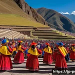 페루 유명 축제 일정 - A vibrant scene of the Inti Raymi festival in Cusco, Peru, featuring dancers in traditional handwove...