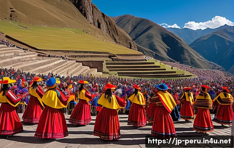 페루 유명 축제 일정 - A vibrant scene of the Inti Raymi festival in Cusco, Peru, featuring dancers in traditional handwove...