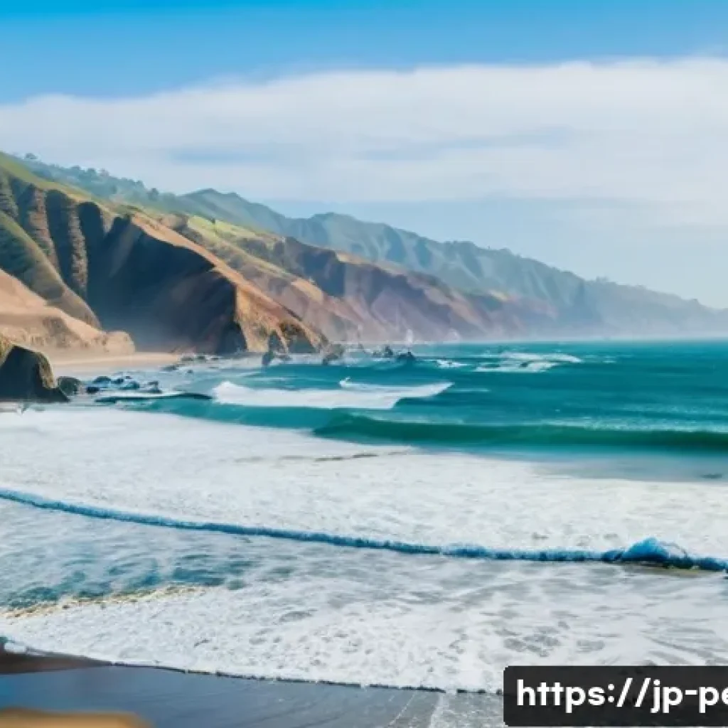 페루에서 해양 스포츠 체험 - A serene coastal scene in Peru featuring a beginner surfer wearing a colorful rash guard and board s...