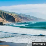 페루에서 해양 스포츠 체험 - A serene coastal scene in Peru featuring a beginner surfer wearing a colorful rash guard and board s...