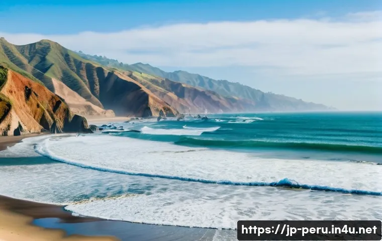 페루에서 해양 스포츠 체험 - A serene coastal scene in Peru featuring a beginner surfer wearing a colorful rash guard and board s...