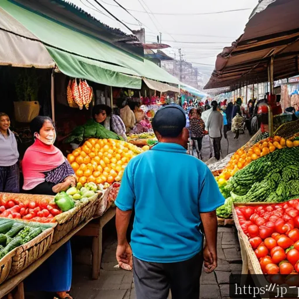 페루 여행 중 물가 비교 - A vibrant local Peruvian market scene in Lima, bustling with diverse local people shopping for fresh...