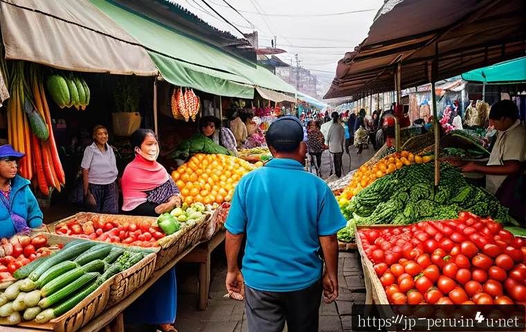 페루 여행 중 물가 비교 - A vibrant local Peruvian market scene in Lima, bustling with diverse local people shopping for fresh...