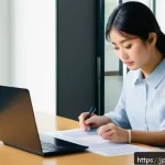 페루 비자 발급 방법 - A modern Japanese office scene showing a young Japanese woman carefully preparing visa application d...