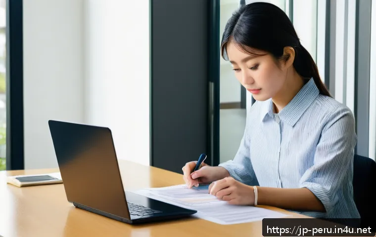 페루 비자 발급 방법 - A modern Japanese office scene showing a young Japanese woman carefully preparing visa application d...