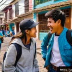 페루와 스페인어 방언 차이 - A vibrant street scene in Lima, Peru, showcasing young people engaging in casual conversation using ...