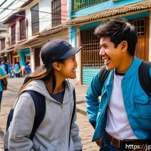 페루와 스페인어 방언 차이 - A vibrant street scene in Lima, Peru, showcasing young people engaging in casual conversation using ...