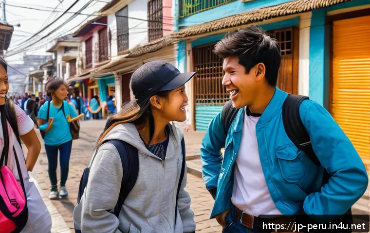 페루와 스페인어 방언 차이 - A vibrant street scene in Lima, Peru, showcasing young people engaging in casual conversation using ...