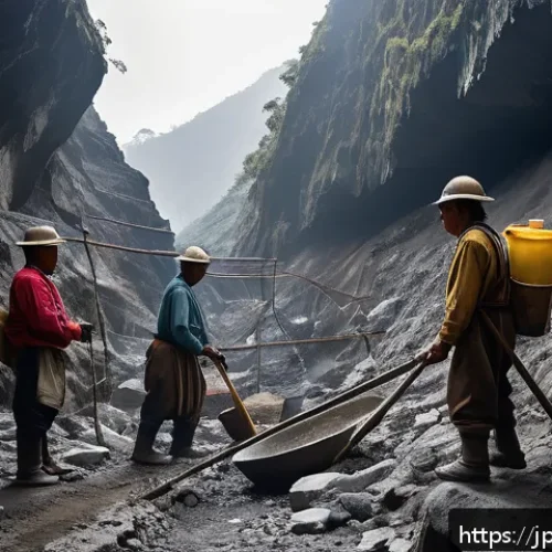 페루에서 역사적으로 중요한 광산 - A dramatic scene of a vast colonial-era silver mine deep in the Peruvian mountains, showing indigeno...