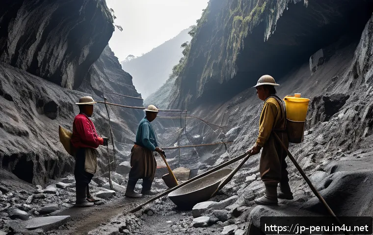 페루에서 역사적으로 중요한 광산 - A dramatic scene of a vast colonial-era silver mine deep in the Peruvian mountains, showing indigeno...