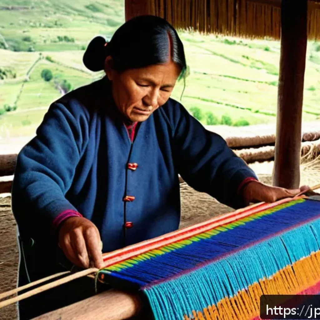 페루에서 공예품 만들기 체험 - A vibrant scene showing Peruvian artisans in traditional clothing carefully weaving colorful textile...
