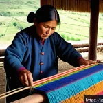 페루에서 공예품 만들기 체험 - A vibrant scene showing Peruvian artisans in traditional clothing carefully weaving colorful textile...