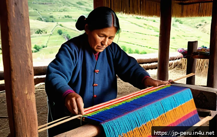 페루에서 공예품 만들기 체험 - A vibrant scene showing Peruvian artisans in traditional clothing carefully weaving colorful textile...