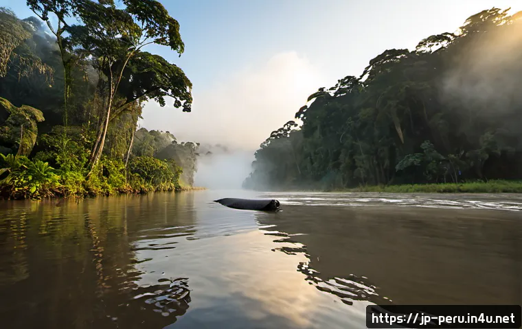 페루에서 방문해야 할 자연 보호구역 - Photorealistic sunrise in Manu National Park, Peru, wide-angle view from a quiet riverbank with lush...