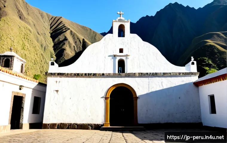 페루에서 가장 오래된 교회 - Photorealistic wide-angle view of an ancient colonial church in Peru, weathered pale stone façade, s...