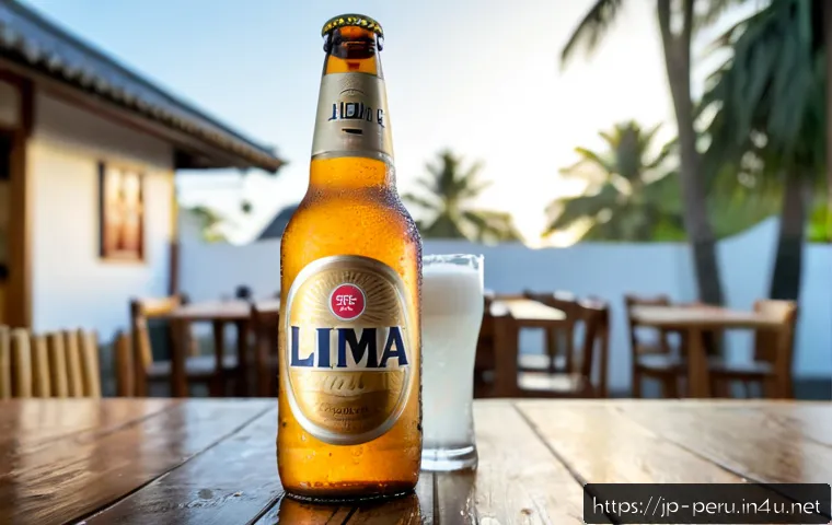페루에서 가장 인기 있는 맥주 브랜드 - Photorealistic chilled golden lager bottle and frosted beer glass on a rustic wooden table at an ope...