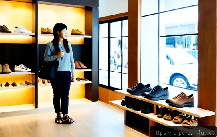 페루에서 신발 사기 좋은 곳 - Photorealistic interior of a stylish shoe boutique in Lima, Peru, with neatly arranged leather shoes...